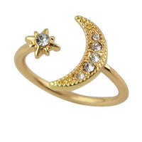 Moon and Star Gold-Color  Alloy White Rhinestone Punk Style Party Rings - sparklingselections