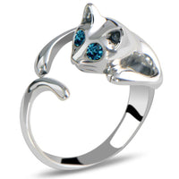 Cute Cat Silver Color Crystal Blue Eyes Ring for Women (Adjustable)
