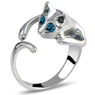 Cute Cat Silver Color Crystal Blue Eyes Ring for Women (Adjustable)