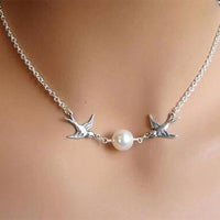 Pearls Silver Double Birds Necklace For Women - sparklingselections
