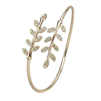 Concise Rhinestone Leaf Open Cuff Bracelet for Women