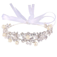 Bridal Round Rhinestone Crystal Simulated Pearl Head Ribbon Hairband - sparklingselections