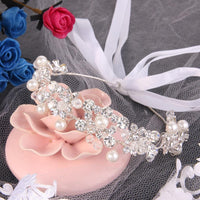 Bridal Round Rhinestone Crystal Simulated Pearl Head Ribbon Hairband - sparklingselections