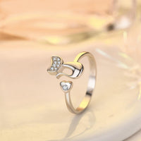 Cute cat with love heart silver plated women fashion resizable open new ring - sparklingselections