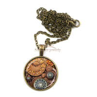 Steampunk Gear Wheel and Clock Pendant Necklace for Women