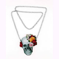 Wood Acrylic Rose Skull Skeleton Pendant Unisex Chain Necklace