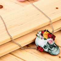 Wood Acrylic Rose Skull Skeleton Pendant Unisex Chain Necklace