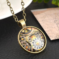Retro Clock Gear Shape Round Glass Pendant Necklace for Women