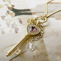 Love Heart Rhinestone Crown Key Long Pendant Necklace
