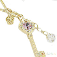 Love Heart Rhinestone Crown Key Long Pendant Necklace