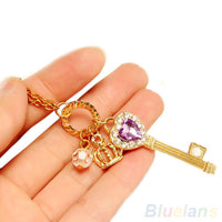 Love Heart Rhinestone Crown Key Long Pendant Necklace