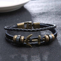 Genuine Leather Anchor Stainless Steel Bracelets & Bangles for Men