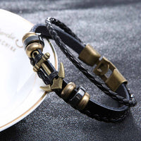 Genuine Leather Anchor Stainless Steel Bracelets & Bangles for Men