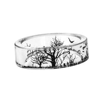 Flower Black And White View Bird Tree Hand-Dried Flower Ring