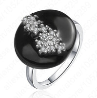 Black Enamel With CZ Crystal Solid 925 Sterling Silver Finger Rings