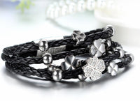 Women Vintage Lucky Four Leaf Clover Black Leather  Bracelet - sparklingselections