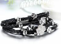 Four Leaf Clover Black Leather Braided Bracelet - sparklingselections