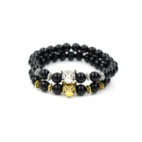 Leopard Head Charm Black Onyx Stone Bead Unisex Bracelet