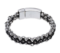 Men's Stainless Steel Black Leather Link Chain Bracelet - sparklingselections