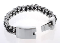 Men's Stainless Steel Black Leather Link Chain Bracelet - sparklingselections