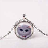 Women Cute Cat Jewelry Classic Glass Cabochon Silver Chain Stylish Necklace - sparklingselections