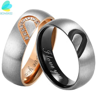 Boniskiss Heart Wedding Rings For Women Men Rhinestone Lovers Stainless Steel Rings For Engagement Party Jewelry Wedding Bands - sparklingselections