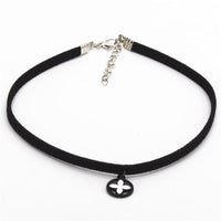 Black Velvet Leather Round Clover Pendant Necklace - sparklingselections