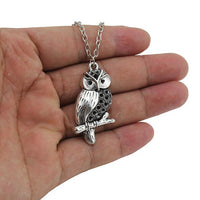 Women Simple Antique Silver Tone 0.9"X1.5" Owl Pendant Necklace - sparklingselections