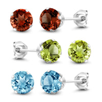 Set Of 3 Round  Natural Topaz Garnet  Stud Earrings - sparklingselections