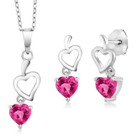 Pink Created Silver Pendant Earrings Set With Chain - sparklingselections