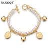 Women Double Layers Simulated Pearl Gold Color Love Heart Charm Bracelet