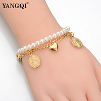 Women Double Layers Simulated Pearl Gold Color Love Heart Charm Bracelet - sparklingselections