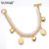 Women Double Layers Simulated Pearl Gold Color Love Heart Charm Bracelet - sparklingselections