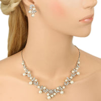 Clear Rhinestone Flower Pearl Necklace Set for Bride - sparklingselections