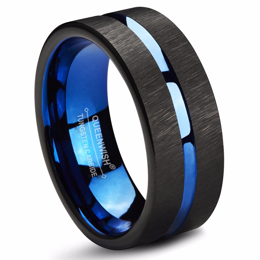 queenwish mens tungsten rings 8mm wedding band blue center groove black ...