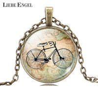 Bicycle & Map Glass Cabochon Pendant Necklace - sparklingselections