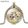 Bicycle & Map Glass Cabochon Pendant Necklace