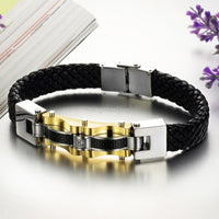 Gold Color Tone Leather Braided Wristband Bracelet Bangle For Men - sparklingselections