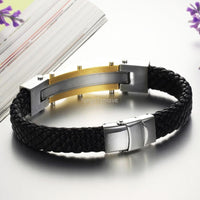 Gold Color Tone Leather Braided Wristband Bracelet Bangle For Men - sparklingselections