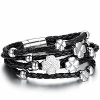 Women Vintage Lucky Four Leaf Clover Black Leather  Bracelet - sparklingselections