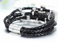 Women Vintage Lucky Four Leaf Clover Black Leather  Bracelet - sparklingselections