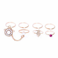 7PCS /Set Wedding Ring Simple Pink Purple Crystal Opal Leaf Charm Chain Ring For Women - sparklingselections