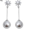 Sterling Silver Pearl CZ Flower Dangle Drop Earrings for Women
