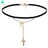 Women's Black Leather Chocker Necklace With Cross Pendant
