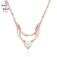 ZHE FAN Women Angel Wings Pendant Necklace White Heart Fire Opal Rose Gold Color Plated Wedding Party Jewelry 3 Ways Wearing - sparklingselections