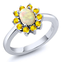 Oval Cabochon White Ethiopian Opal Yellow Sapphire Ring - sparklingselections