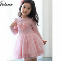 Pink Heart Embroided Long Sleeve Party Dress for Kids Girls - sparklingselections