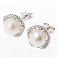 Silver Pearl Flower Stud Earrings - sparklingselections
