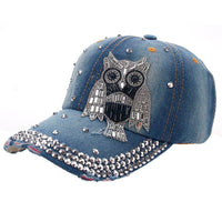 New Owl Denim Rhinestone Flat Creative Caps - sparklingselections