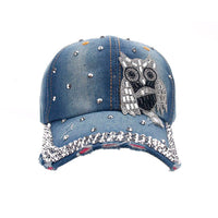 New Owl Denim Rhinestone Flat Creative Caps - sparklingselections